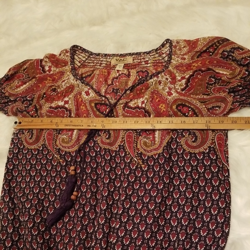 Vintage America Boho Short Sleeve Wood Bead Tassel Paisley Print Purple Size Sm - Picture 7 of 9